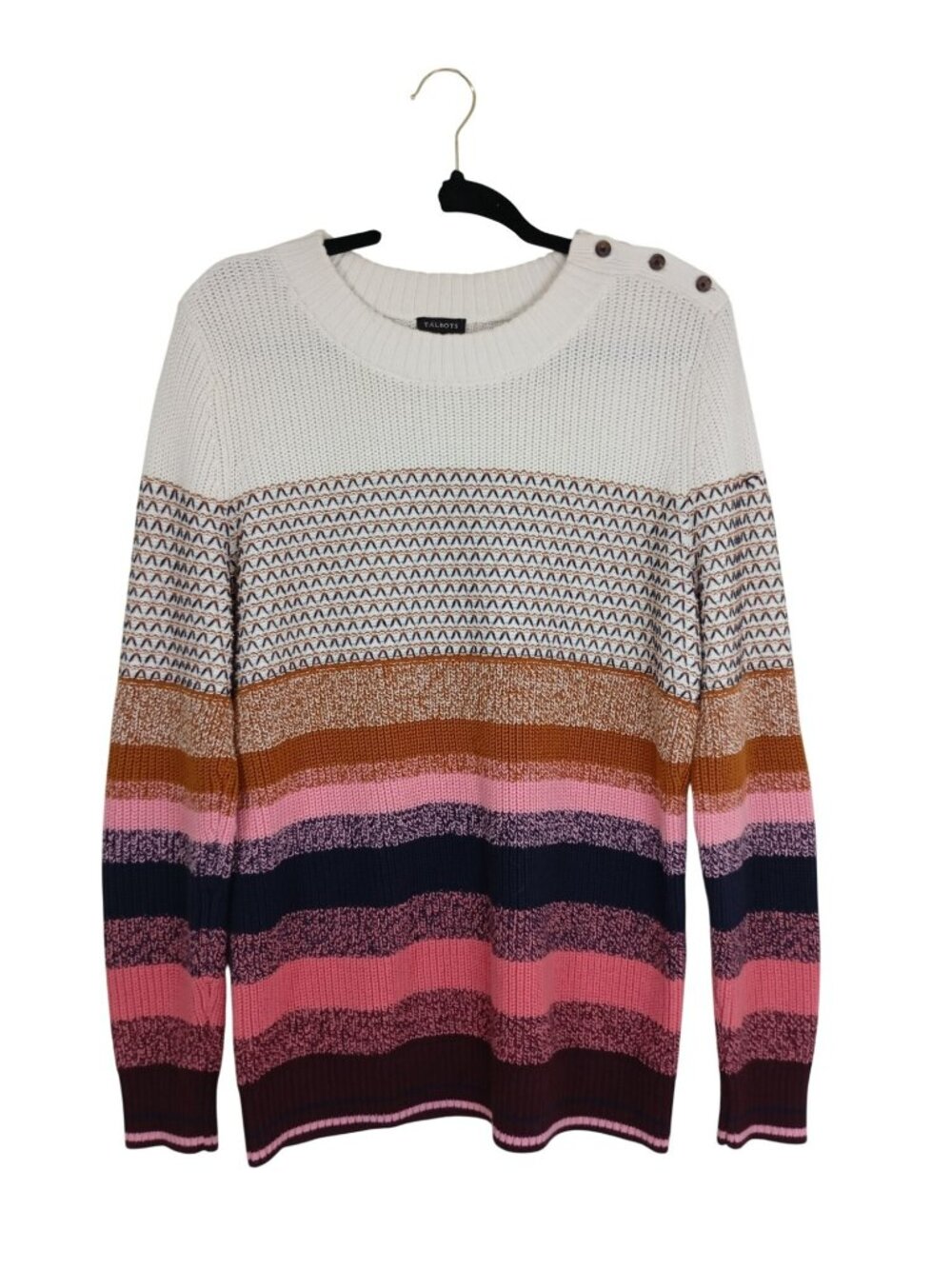 Talbots Womens Striped Button Shoulder Sweater L Multicolor Wool Blend